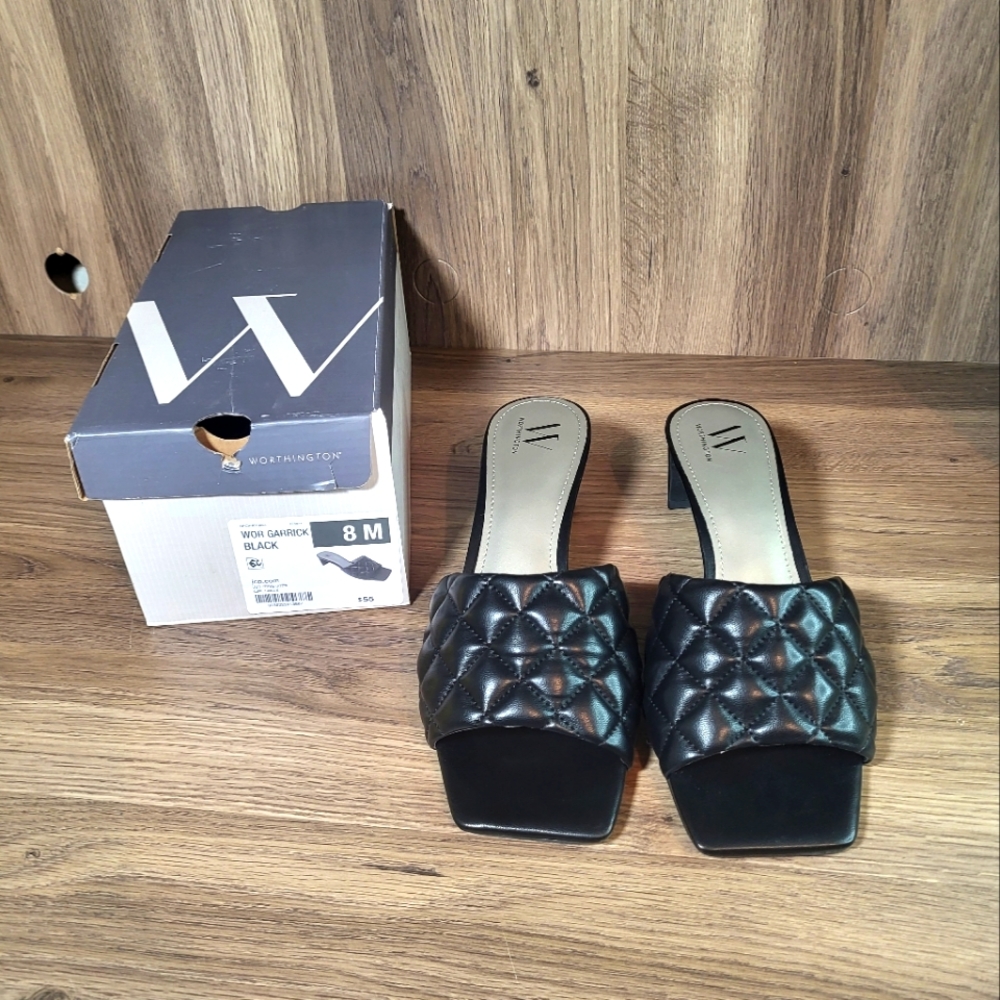 WORTHINGTON Womens 8 Black Square Open Toe Mule Quilted Sandals